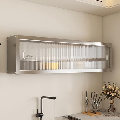 Hltdzer Wandschrank Bad & Küche mit Schiebetüren, Edelstahl Hängeschrank Silber mit Acryltüren, 2 Ebenen Küchenoberschrank für Gewürze & Kosmetik(120 * 30 * 40cm/47.2 * 11.8 * 15.7in)
