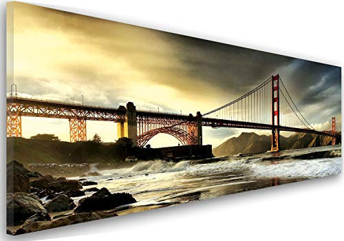 Feeby Bilder Brücke Golden Gate Bridge San Francisco 90x30 cm Wohnzimmer Schlafzimmer Büro Flur Küche Wandbilder Bild auf Leinwand Wanddekoration Kunstdruck Design Architektur Wasser Berge Rot Blau