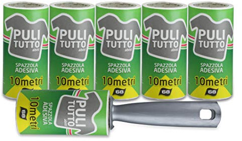 Spazzola adesiva. 6 rulli da 10 metri (68 FOGLI PRETAGLIATI). 60 metri di carta adesiva. Peli di animali, capelli, cuscini, sedili, giacche, divani