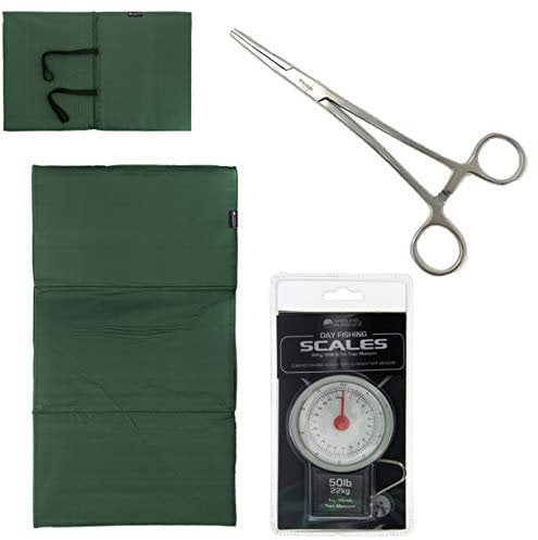 CARP FISHING UNHOOKING LANDING MAT + 50LB SCALES 5 Curved Forceps + Black Sling