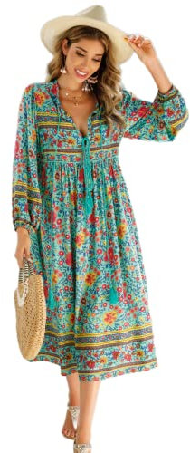 R.Vivimos Women's Casual Bohemian Print Neck Tie Long Sleeve Beach Style Long Midi Dress Vacation Dress(Large,Green)
