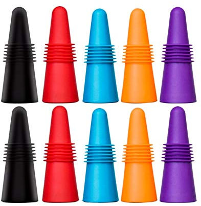 CNYMANY Lot de 10 bouchons à vin réutilisables en silicone avec bouchon en liège pour garder le vin frais – Rouge, bleu, orange, violet, noir