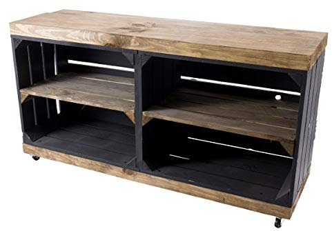 2X Vintage-Möbel 24 TV-Schrank aus Regalkisten schwarz und „Used“ auf Rollen 100cm x30cm x50cm