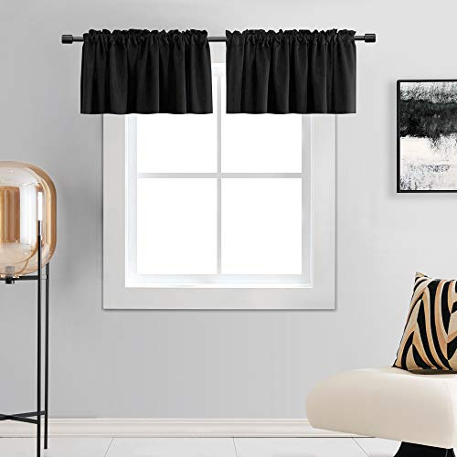 DONREN 12 Inches Long Black Valances for Windows - 2 Panels Blackout Window Valances for Basement with Rod Pocket (42 Inches Wide)