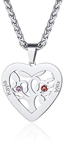 Custom4U Collier Personnalisé 2 Prénoms,Pendentif Coeur Arbre de Vie en Acier Inoxydable Gravé Pierres de Naissance,Bijoux de Famille,Chaine 55+5 cm,Cadeau Anniversaire Femme Maman,Grand Mère