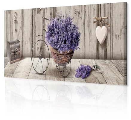 decomonkey Bilder Blumen 150x50 cm 1 Teilig Leinwandbilder Bild auf Leinwand Vlies Wandbild Kunstdruck Wanddeko Wand Wohnzimmer Wanddekoration Deko Lavendel Fahrrad