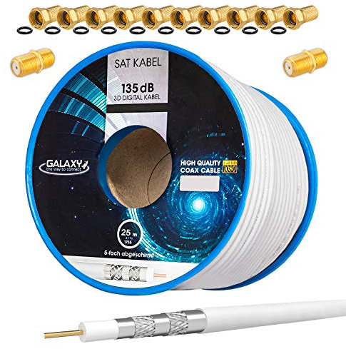 HB-DIGITAL Lot de 25 m de câble satellite coaxial 135 dB blanc + 10 fiches F et 2 connecteurs F plaqués or | CCS (acier cuivre) Câble d'antenne satellite blindé 5 fois pour installations DVB-S/S2