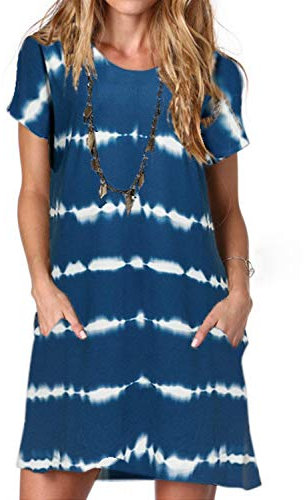Ancapelion Women's Tie Dye Blue Striped T Shirt Dresses Short Sleeve Loose Mini Tunic Dress for Women