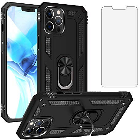 Asuwish Compatible with iPhone 12 Pro Max Case 6.7 and Tempered Glass Screen Protector Magnetic Stand Ring Holder Hard Shockproof Accessories Phone Case for iPhone12promax iPhone12 12pro Promax Black