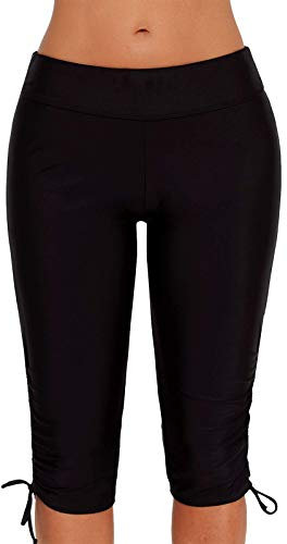 TMEOG Damen Badeanzug Shorts Sport Schnelltrocknende Boardshorts Badehose mit hoher Taille Einfarbig S-XXL (Schwarz, L)