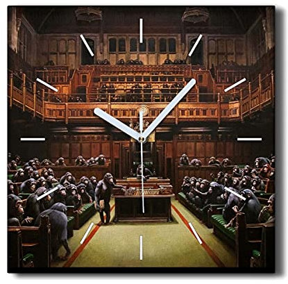 Coloray Uhr auf Leinwand Ohne tickendes Geräusch 30x30cm Wand Uhr Dekoration Wohnzimmer Segeltuch - Parlament Banksy