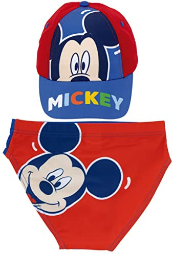 Mickey Mouse Disney Badeanzug für Strand oder Pool + Mickey Mouse Kappe für Kinder | Set mit Badeanzug und Kappe Disney Mickey Mouse | Mickey Mouse Badeanzug Typ Slip + verstellbare Disney-Kappe, rot