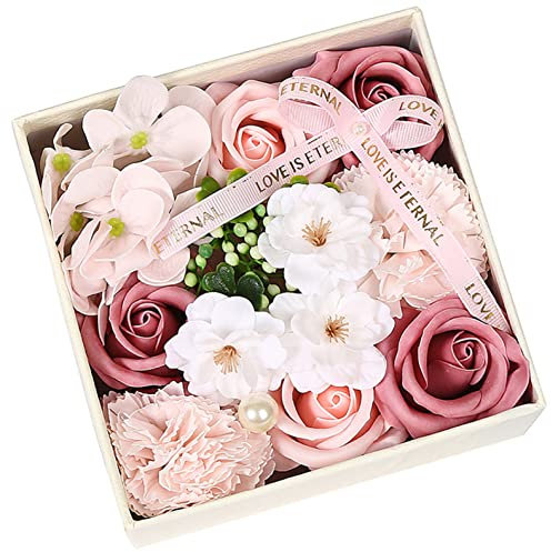 XuanMax Handmade Soap Flowers Bouquet Roses＆Carnations＆Cherry Blossoms Plant Essential Oil Floral Fragrance Scented Bath Soap Petals Spa in Gift Box for Birthday Valentine’s Day Mother’s Day - Pink
