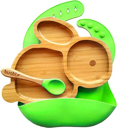 Vaisselle bambou et silicone (LAPIN). Set 3 pièces: assiette, cuillère, bavoir. Ventouse antidérapante sur la base, ecologique sans BPA