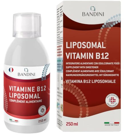 Bandini® Vitamine B12 Liposomale liquide 1000 mcg - Flacon 250 ml - Système Immunitaire et bien-être - Vit B 12 Supplément au Dosage et Absorption élevés - Vitamines 100% Végan Sans OGM - Avec doseur