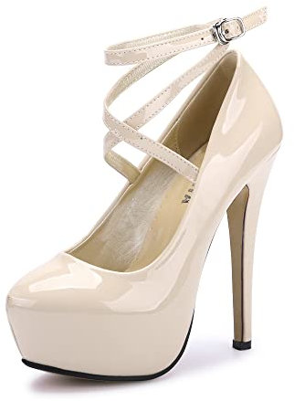 Womens High Heel Ankle Strap Platform Pump Wedding Evening Party Court Shoes PU Beige Tag 37-UK 4.5