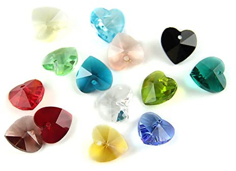 100pcs 14mm Many Colors K9 Glass Heart Beads Crystal Glass Chandelier Pendants Prism Hanging Glass DIY Beads,Gold Champagne,100pcs
