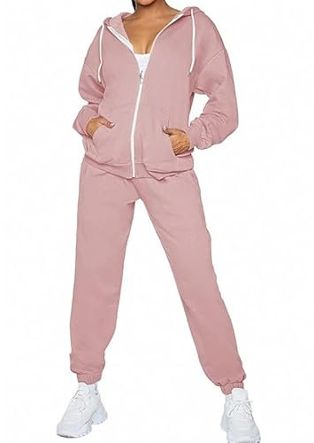 2-teiliges Plaid Trainingsanzug-Set Damen Weiches Fleece Kapuze Reißverschluss Oberteil und Jogginghose Loungewear Sweatsuit, rose, 42