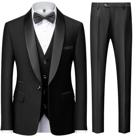 KUDMOL Herren 3 Stücke Anzug Slim Fit EIN Knopf Schal Revers für Hochzeit Prom Blazer Weste Hosen Set(Schwarz,M)