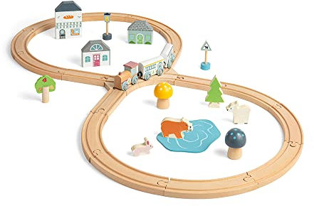 Bigjigs Toys - FSC zertifiziertes Waldland -Tierzug - 42 -teilige Öko -Figur von 8 Holzzug Set mit Waldzubehör und Holztrennstrecke, Holzspielzeug für 3 4 5 6 -Jährige Alte