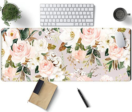TENG DA QING Pink Flowers Keyboard Pad PC Gaming Desk Mat Mouse Pads Green Leaves Floral Large, Computer XL Big Mousepad with Stitched Edge Home Office Decor 31.5x11.8 in, 31.5x11.8x0.12 in (XCD-77)