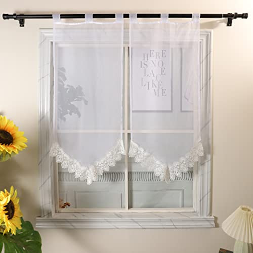 Devola Scheibengardine Voile Kurzstore Transparente Bistrogardine Panneaux Gardinen Landhaus Küchengardinen Modern mit Schlaufen Kurzgardine mit Häkelspitze BxH 45x90cm Weiß 1er Pack