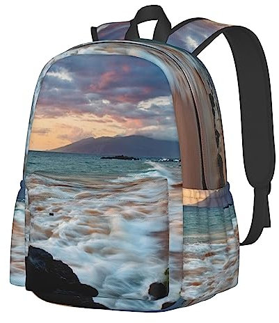 AABSTBFM Schulrucksack, Motiv: Strand Maui, Hawaii, Sonnenuntergang, Meer, Wellen, Wolken, großes Fassungsvermögen, College, Laptop-Rucksack, leicht, für Schule, Freizeit, Reisen, Tagesrucksack für