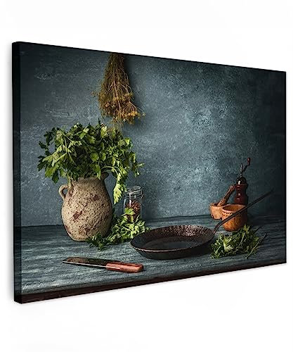 MuchoWow© Leinwände Groß 120x80 cm XXL Wall Decoration Bilder Schlafzimmer Küchen Deko Pictures Canvas Painting Wanddekoration Wohnzimmer Küchenbilder - Kräuter - Löffel - Gewürze - Italienisch
