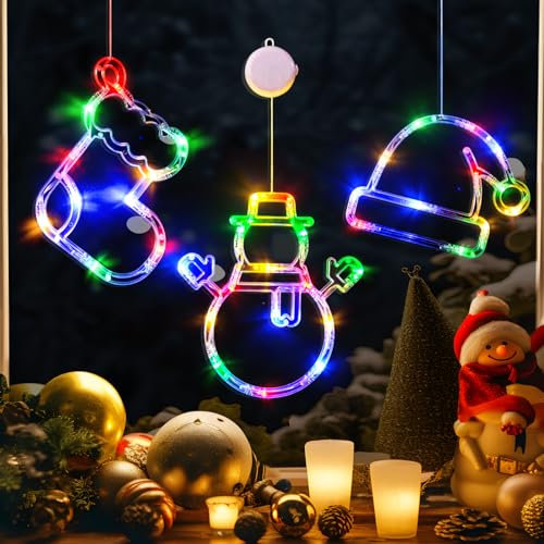 LOLStar Christmas Window Lights, 3 Pack Multicoloured Christmas Stocking, Snowman, Santa Hat Lights with Suction Cup, Timer Function and Slow Fade Mode Battery Operated Lights for Christmas Decoration