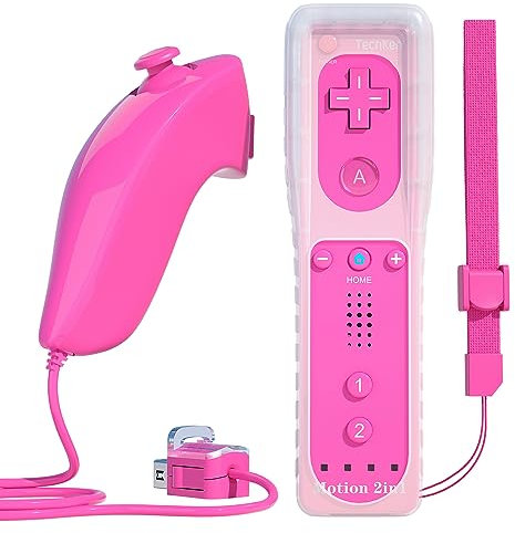 TechKen Mando a distancia para Wii, Motion Plus 2 en 1 integrado con funda de silicona y Nunchuck (rosa)