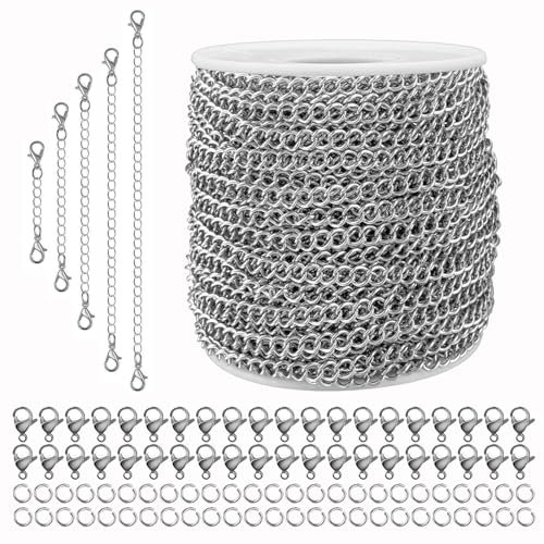 Silberfarbene Edelstahl-Panzerkette zur Schmuckherstellung, 16,8 m, gedrehte Gliederkette für Armband, Schmuckkette mit 100 Stück Biegeringe und Karabinerverschlüsse zum Aufhängen von Halsketten,