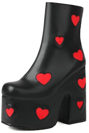 WeFloHsL Women High Chunky Heel Ankle Boots Platform Heart Printed Square Toe Goth Punk Booties with Side Zipper,Black,3.5 UK