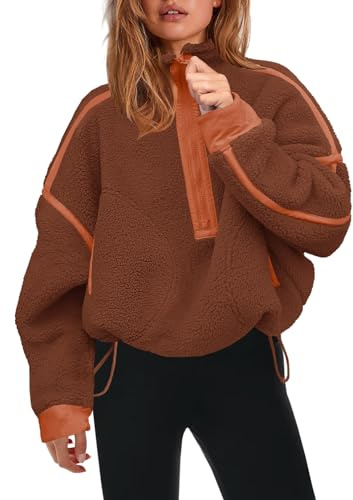 Panadila Womens Half Zip Sherpa Fleece Pullover Soft Oversized Sweatshirt with Pockets Warm Fuzzy Sweater, Brick Red, Small