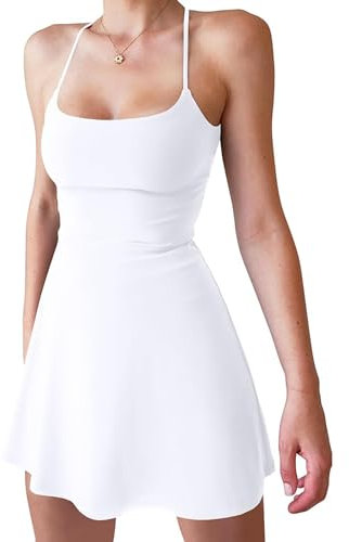 Robe de tennis avec short de sport sans manches pour femme, mini robe fine pour le golf, le yoga, la gym, A - Blanc, S