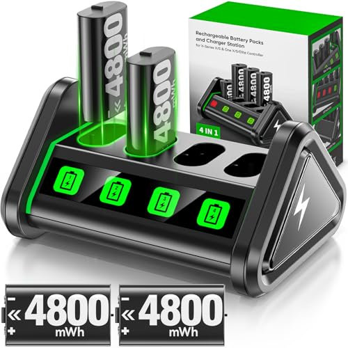 4x4800mWh Rechargeable Battery Pack for Xbox One/Series X|S, Battery Packs with Charging Station for X-box Controller, Batteries with Accessories Kit for XBX Series S|X/Elite Controller