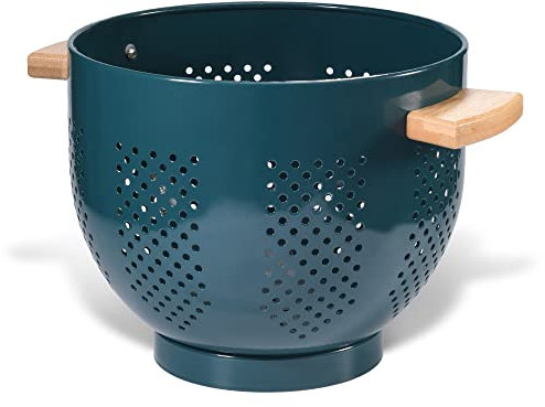 Passoire de Cuisine Avec Manche en Bois et Base Stable, 29 x 22 x 18 cm, Poudre Sûr Alimentaire Enduite, Grande Passoire Métal pour Légumes, Pâtes & Fruits (vert foncé)