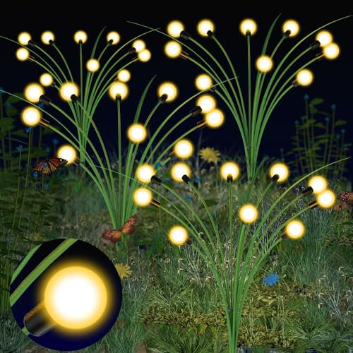 GCMacau Luci solari Firefly – 20 luci LED oscillanti da giardino, fiori simulati ondeggianti dal vento, decorazione impermeabile per cortile, patio, vialetto, luce bianca calda (confezione da 2)