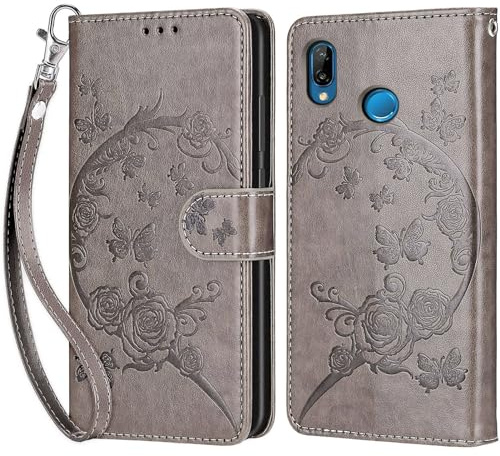 Handyhülle für Huawei P20 Lite Hülle, Grau Blumen | PU Leder Flip, Klappbar, Stoßfest, Magnetisch, Standfunktion, Kartenfächer, Retro Design, Handgelenkband
