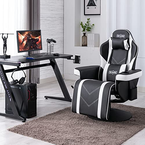 S*MAX Gaming Stuhl mit Fußstütze Gaming Sessel hoher Rückenlehne mit Verstellbarer Rückenlehne Becherhalter Seitentasche Gamer Stühle für Erwachsene Schwarz Weiß X Large