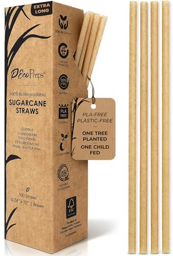 EcoPreps 10'' Biodegradable Sugarcane Straws, Extra-Long Straw | 100 Count, 100% Compostable, Plastic-Free, Eco-Friendly Drinking Straw | Sugar Fiber, Party Jumbo Disposable Straws, 10 Inches Tall