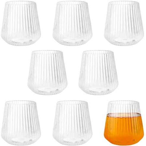 UNGFEI 8 PCS 400ml 14oz Plastic Ribbed Wine Glasses, Ribbed Stemless Wine Glasses Camping for Champagne, Cocktails