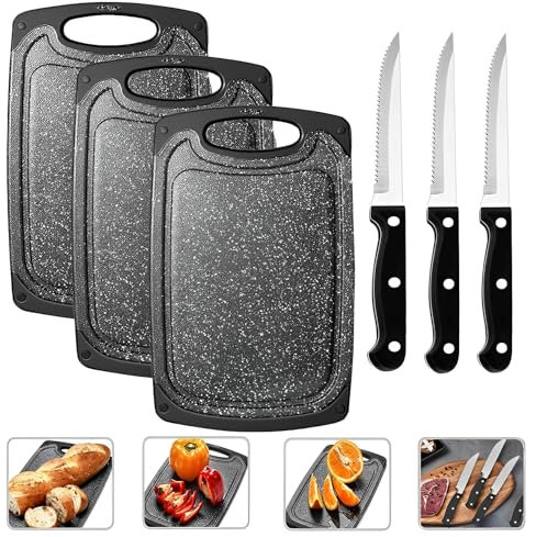 Lot de 3 Planches à découper,Avec 3 Couteaux à Steak,Planche a Decouper Plastique,Couteaux de Cuisine Professionnelle en Acier Inoxydable,Antidérapante et Antibactérienne pour Viande,Légumes & Fruits