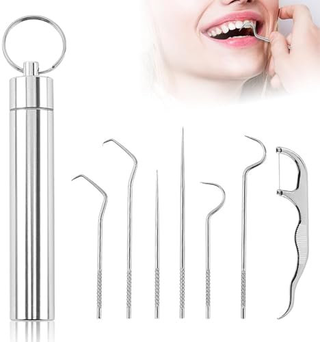 Moguri 1 Stück 7-teiliges 304 Edelstahl Zahnreinigungsset, Mandelsteine Entferner, Zahnsteinentferner mit Zahnspiegel und Aufbewahrungsbehälter, Zahnpflegeset für Zuhause und Unterwegs