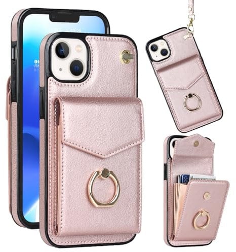 Knoowcase for iPhone 15 Case Shockproof Wallet with Card Holder Slots Ring Wrist Strap PU Leather Shell RFID Blocking Kickstand Magnet Full Protective Cover for iPhone 15, Rosegold