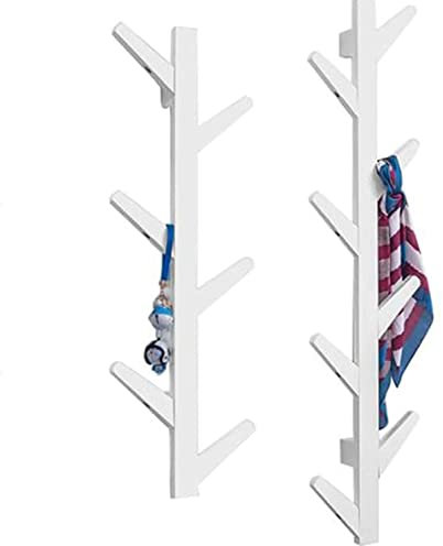 Perchero de pared para árbol con 6 + 8 ganchos, ganchos de pared de madera para entrada, pasillo, dormitorio, perchero de madera blanca
