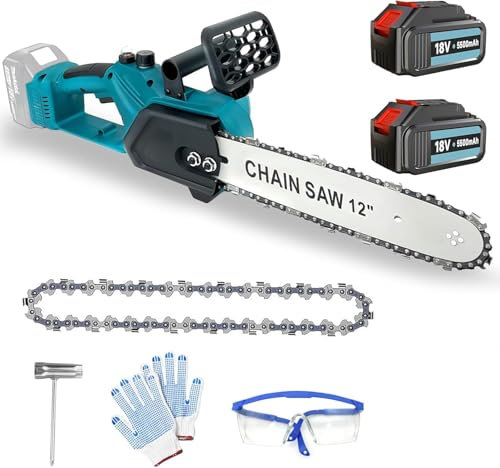 Akku Kettensäge Ersatz für Makita DUC101Z Astsäge, 12 Zoll elektrische Kettensäge, 3.0 m/s Kettengeschwindigkeit, automatische Kettenschmierung, einfach zu bedienen Akku-Kettensäge(2 x 5500mAH Akku)