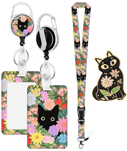 Ensemble de porte-cartes avec cordon rétractable et badge de chat, dessins animés mignons et créatifs pour femme