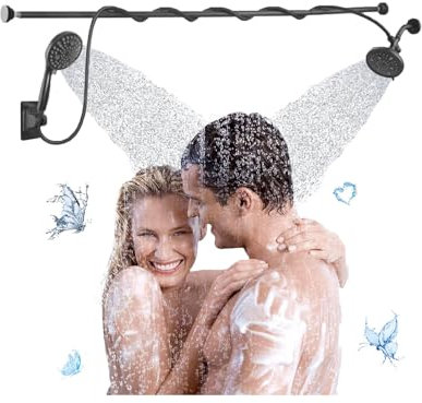 NJDQFA Adjust Width Double Shower Head High Pressure,Shower System Dual Shower Head with 9 Flow Settings,Tandem Shower Head for Couples,Black