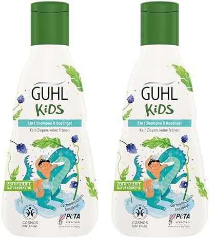 Guhl Kids 2 in 1 Shampoo & Duschgel - Inhalt: 250 ml - Speziell für Kinder entwickelt - Kein Ziepen - Kindgerechtes Design - Cosmos Natural zertifiziert (Packung mit 2)