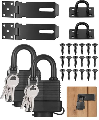SEESUNO 2 Set Shed Door Lock with Padlock Hasp and Staple Screws, Waterproof Heavy Duty Locks for Bedroom Patio Garden Gate